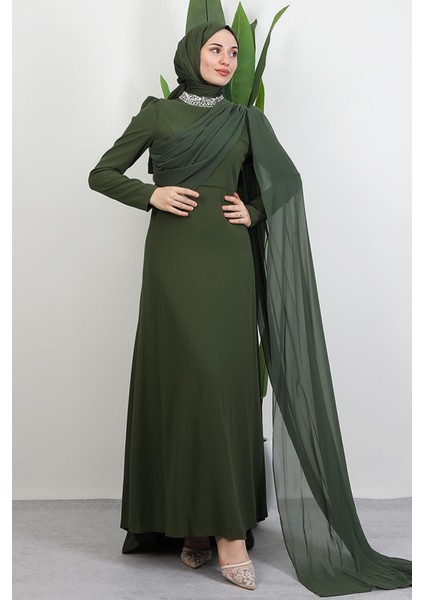 Yakası Taşlı Elbise Haki fiyatları