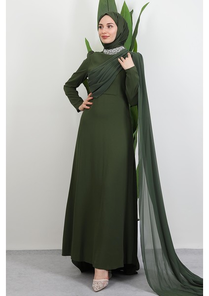 Yakası Taşlı Elbise Haki modelleri