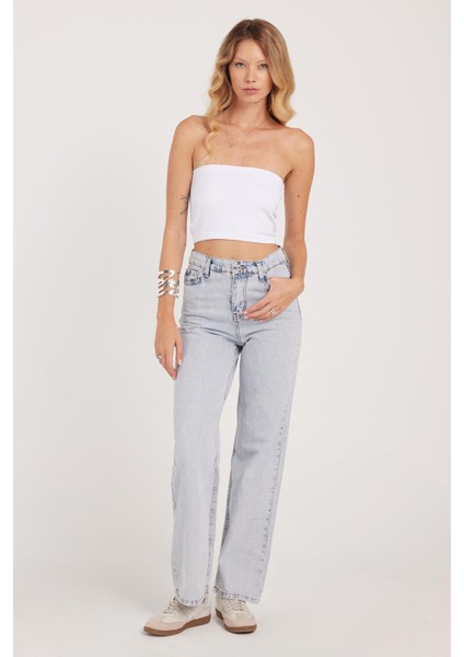 Kadın Regular Fit Klasik Kesim Pamuklu Bol Paça açık Mavi Jean Pantolon fiyatları