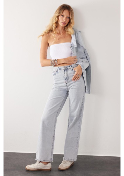 Kadın Regular Fit Klasik Kesim Pamuklu Bol Paça açık Mavi Jean Pantolon fırsatları