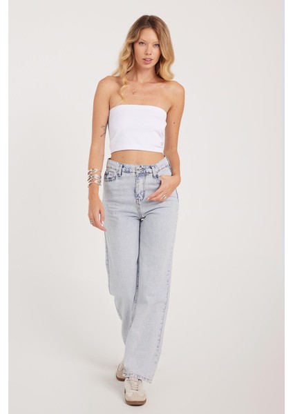 Kadın Regular Fit Klasik Kesim Pamuklu Bol Paça açık Mavi Jean Pantolon indirimleri