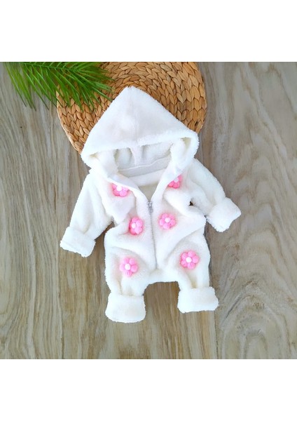 Kız Bebek %100 Pamuklu Beyaz Düğme Detaylı Kışlık Peluş Tulum BBK1140