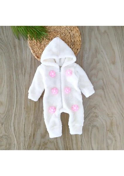Kız Bebek %100 Pamuklu Beyaz Düğme Detaylı Kışlık Peluş Tulum BBK1140 modelleri