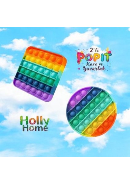 2'li Pop It Kare + Yuvarlak Gökkuşağı Duyusal Oyuncak Zihinsel Gelişim Stres Popit Oyun 2 Adet