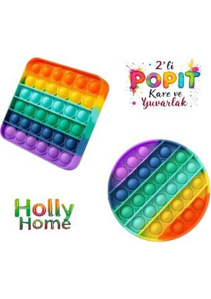 2'li Pop It Kare + Yuvarlak Gökkuşağı Duyusal Oyuncak Zihinsel Gelişim Stres Popit Oyun 2 Adet