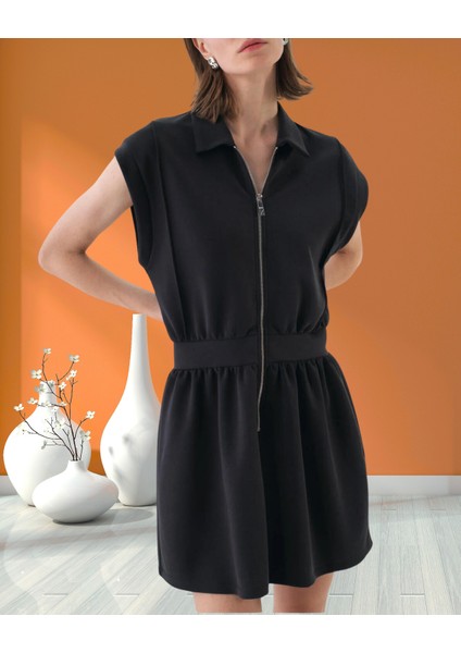 xint Kadın Regular Fit Gömlek Yaka Önden Fermuar Kapamalı Kolsuz Modal Mini Elbise