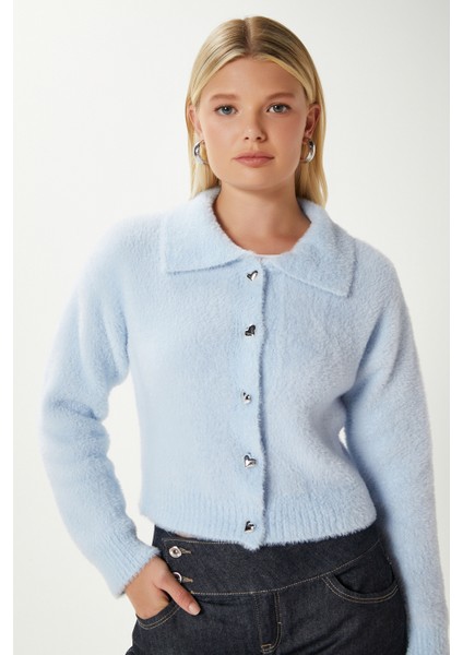 Kadın Date Yumuşak Sakallı Kalp Düğmeli Polo Yaka Bebe Mavi Triko Hırka