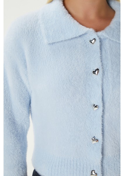 Kadın Date Yumuşak Sakallı Kalp Düğmeli Polo Yaka Bebe Mavi Triko Hırka fiyatları