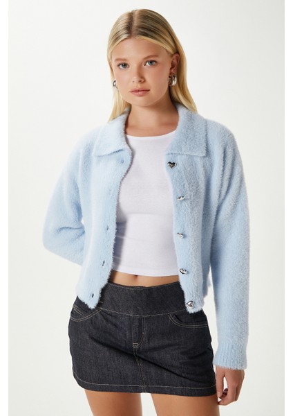 Kadın Date Yumuşak Sakallı Kalp Düğmeli Polo Yaka Bebe Mavi Triko Hırka modelleri