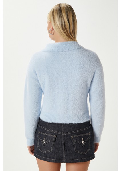 Kadın Date Yumuşak Sakallı Kalp Düğmeli Polo Yaka Bebe Mavi Triko Hırka fırsatları