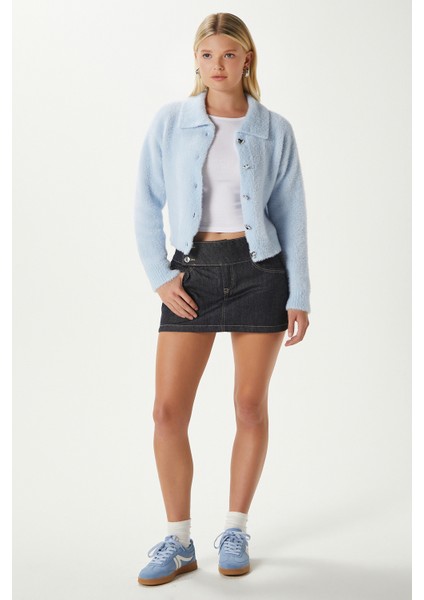 Kadın Date Yumuşak Sakallı Kalp Düğmeli Polo Yaka Bebe Mavi Triko Hırka indirimleri