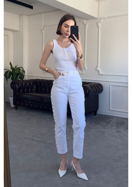 Yanları Dilimli Gold Detay Pantolon- Ekru