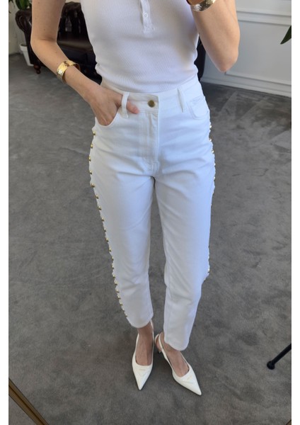 Yanları Dilimli Gold Detay Pantolon- Ekru