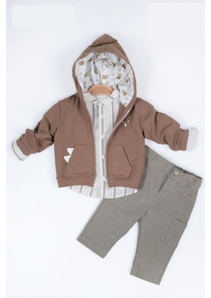 Dino Nakışlı Hırkalı Erkek Bebek 3'lü Takım