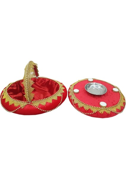 Kadife Süslemeli Boncuklu Kına Sepet ve Tepsisi Kırmızı