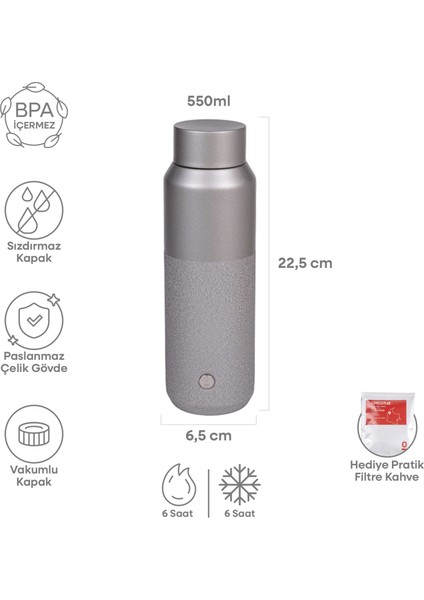 Gümüş Rengi Paslanmaz Çelik Metal Matara 550 ml Kapaklı No:98