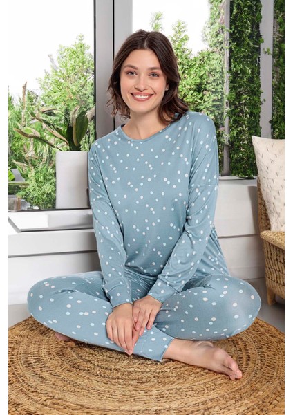 Kadın Renkli Puantiye Desen Uzun Kol Pijama Takımı 240929 MAVI01 modelleri