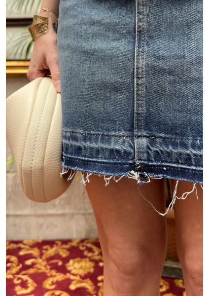 Bermuda Pis Dikişli Jean Etek- Mavi