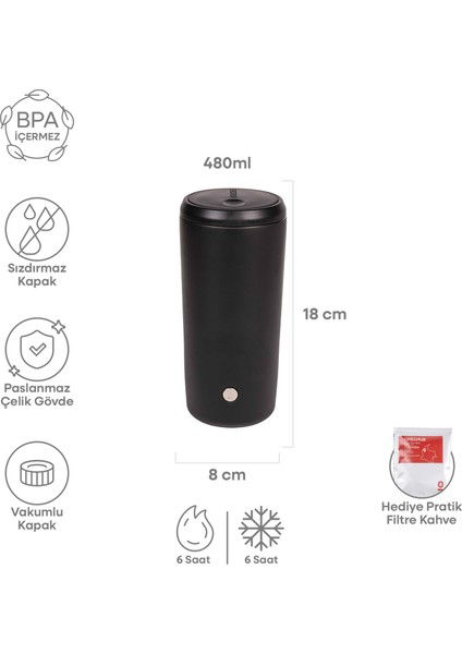 Siyah Mat Dokulu Paslanmaz Çelik Termos 480 ml Kapaklı No:93