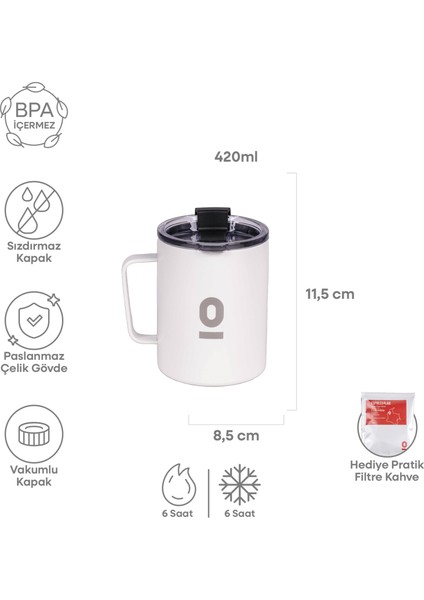 Paslanmaz Çelik Beyaz Metal Kupa 420 ml Vakum Kapaklı Isı Yalıtımlı No:90