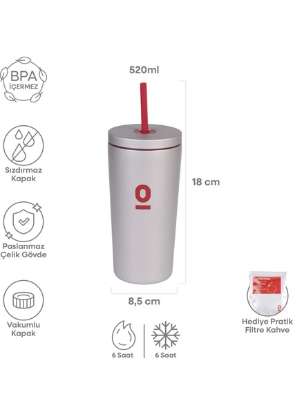 Gri Metal Paslanmaz Çelik Pipetli Termos 520 ml Kapaklı No:94