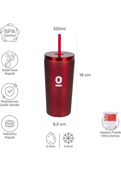 Kırmızı Metal Paslanmaz Çelik Pipetli Termos 520 ml Kapaklı No:95