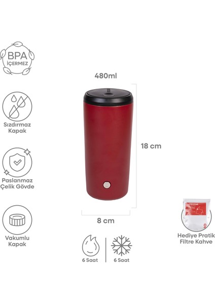 Kırmızı Mat Dokulu Paslanmaz Çelik Termos 480 ml Kapaklı No:92