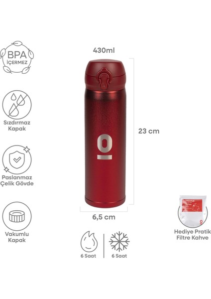 Kırmızı Dokulu Paslanmaz Çelik Termos 430 ml Kapaklı NO:105