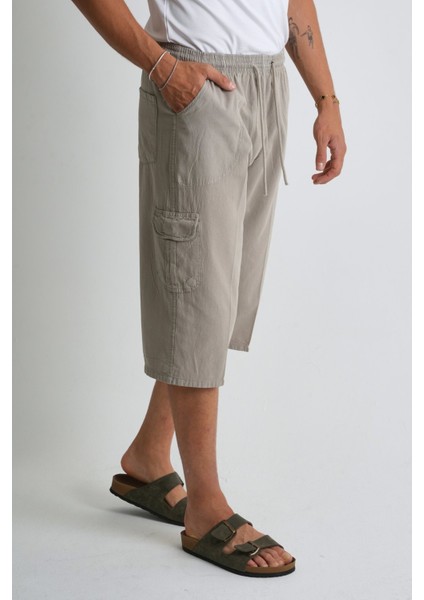 Erkek Kargo Cep %100 Pamuk Keten Görünümlü Kapri E207-5