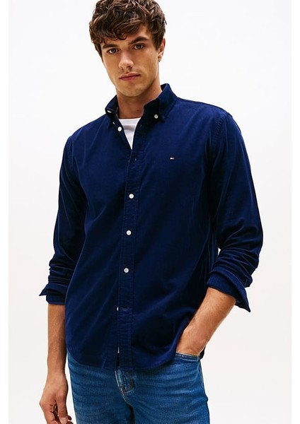 Erkek Regular Fit Düğmeli Yaka Kadife Gömlek - Lacivert