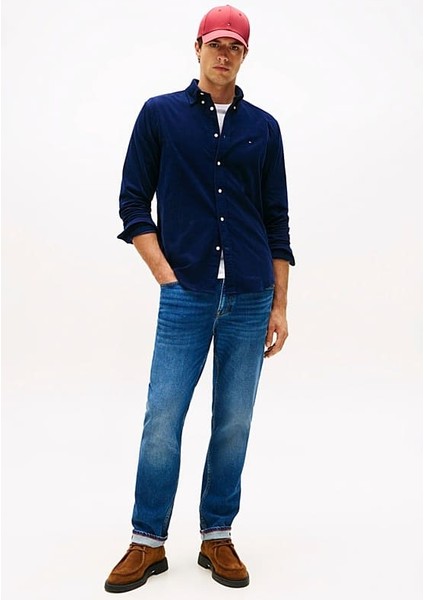 Erkek Regular Fit Düğmeli Yaka Kadife Gömlek - Lacivert fiyatları