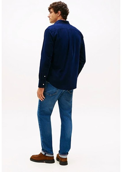 Erkek Regular Fit Düğmeli Yaka Kadife Gömlek - Lacivert modelleri