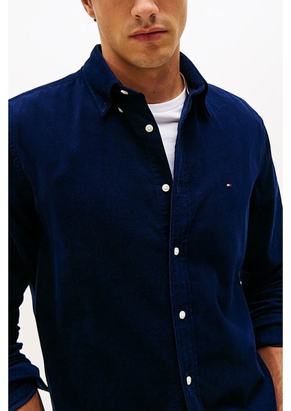 Erkek Regular Fit Düğmeli Yaka Kadife Gömlek - Lacivert fırsatları