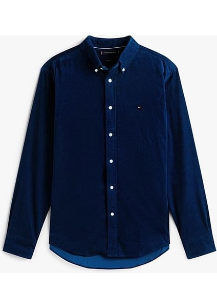 Erkek Regular Fit Düğmeli Yaka Kadife Gömlek - Lacivert indirimleri