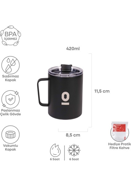 Paslanmaz Çelik Siyah Metal Kupa 420 ml Vakum Kapaklı Isı Yalıtımlı No:91