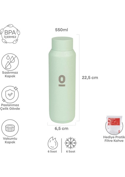 Su Yeşili Mat Dokulu Paslanmaz Çelik Matara 550 ml Kapaklı NO:102