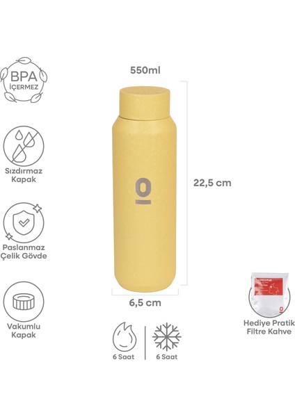 Sarı Mat Dokulu Paslanmaz Çelik Matara 550 ml Kapaklı NO:103