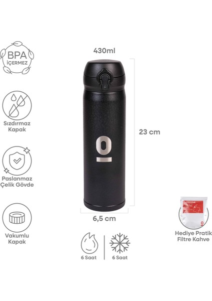 Siyah Dokulu Paslanmaz Çelik Termos 430 ml Kapaklı NO:104