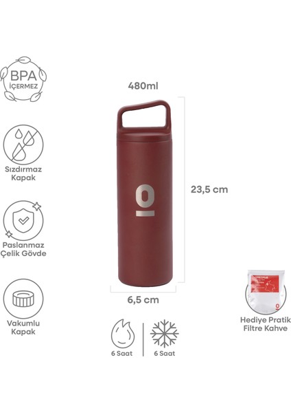 Paslanmaz Çelik Tutacaklı Bordo Uzun Termos 480 ml No:51