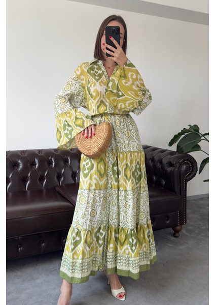 Batik Desen Renkli Gömlek Elbise- Yeşil