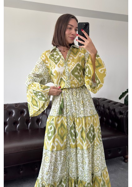 Batik Desen Renkli Gömlek Elbise- Yeşil