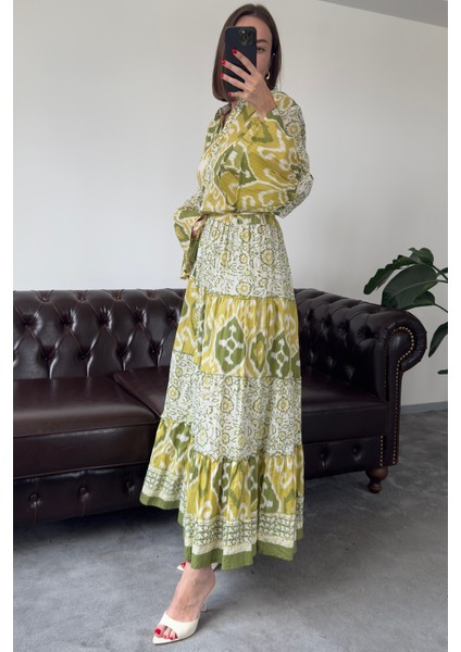 Batik Desen Renkli Gömlek Elbise- Yeşil