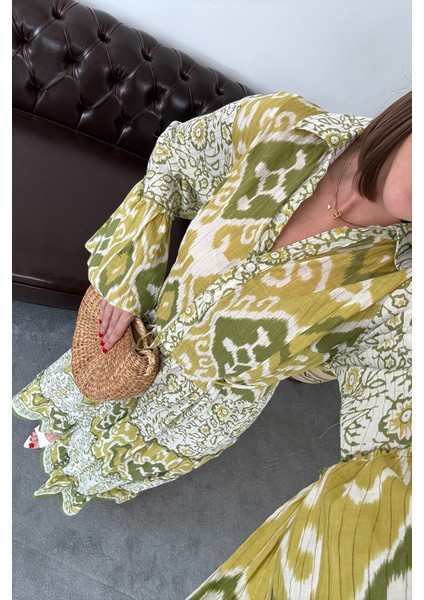 Batik Desen Renkli Gömlek Elbise- Yeşil
