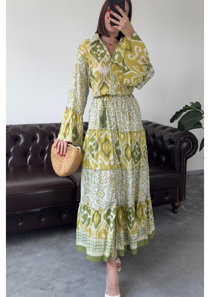 Batik Desen Renkli Gömlek Elbise- Yeşil