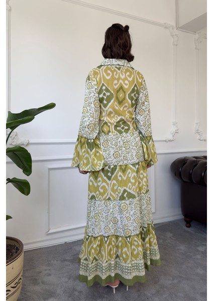 Batik Desen Renkli Gömlek Elbise- Yeşil