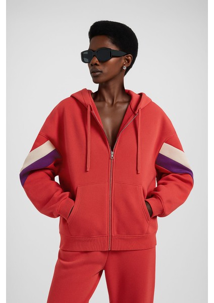 Kadın Fermuarlı Kapüşonlu Cepli Mercan Polar Sweatshirt