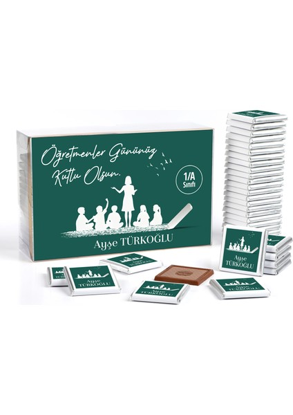 Isimli Öğretmenler Günü Hediyesi (40 Adet Madlen Çikolata) (Asetat Kutu) Yeşil