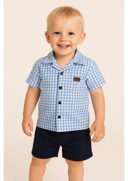 Erkek Çocuk Pitikareli Yazlık Kısa Kollu Gömlek Saten Şortlu 2li Takım Bayramlık Takım (Tam Kalıp)