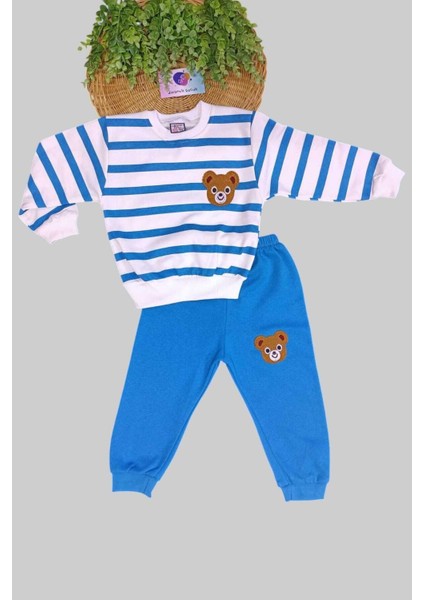 Çocuk Takım Ayıcıklı Nakışlı 2iplik Şardonlu Mevsimlik Alt Üst Ikili Unısex Yan Çizgili