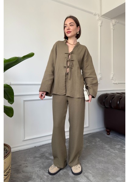 Önü Kurdeleli Müslin Takım- Haki